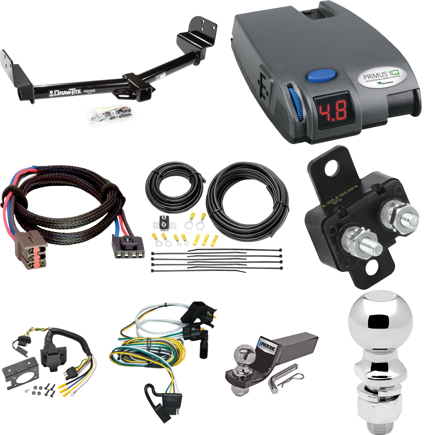 Se adapta al paquete de enganche de remolque Lincoln Aviator 2003-2004 con control de freno Tekonsha Primus IQ + adaptador BC Plug &amp; Play + cableado RV de 7 vías + soporte de bola y caída de 2" y 2-5/16" de Draw-Tite