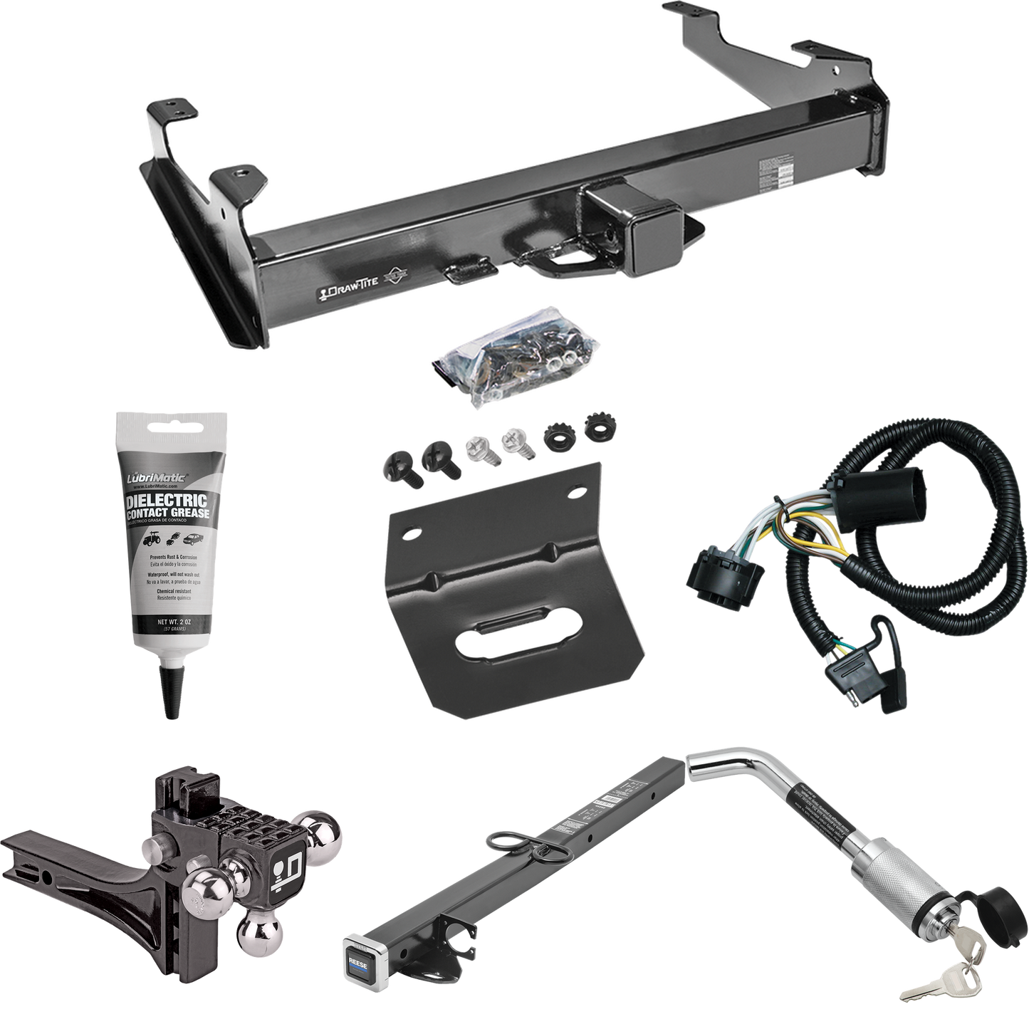 Fits 2007-2010 GMC Sierra 3500 HD Trailer Hitch Tow PKG w/ 4-Flat Wiring Harness + 2-1/2" to 2" Adapter 24" Length + Adjustable Drop Rise Triple Ball Ball Mount 1-7/8" & 2" & 2-5/16" Trailer Balls + Hitch Lock + Wiring Bracket + Electric Grease By Dr