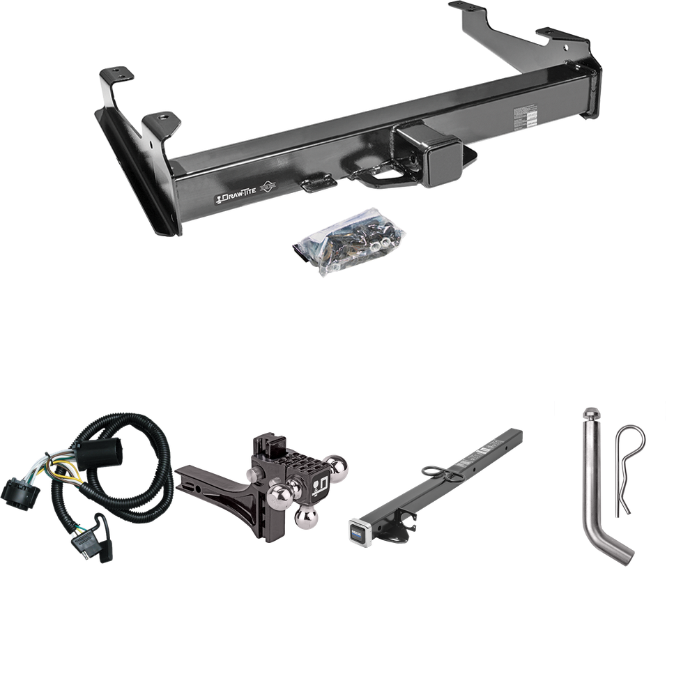 Fits 2007-2010 GMC Sierra 2500 HD Trailer Hitch Tow PKG w/ 4-Flat Wiring Harness + 2-1/2" to 2" Adapter 24" Length + Adjustable Drop Rise Triple Ball Ball Mount 1-7/8" & 2" & 2-5/16" Trailer Balls + Pin/Clip (For 8 ft. Bed Models) By Draw-Tite