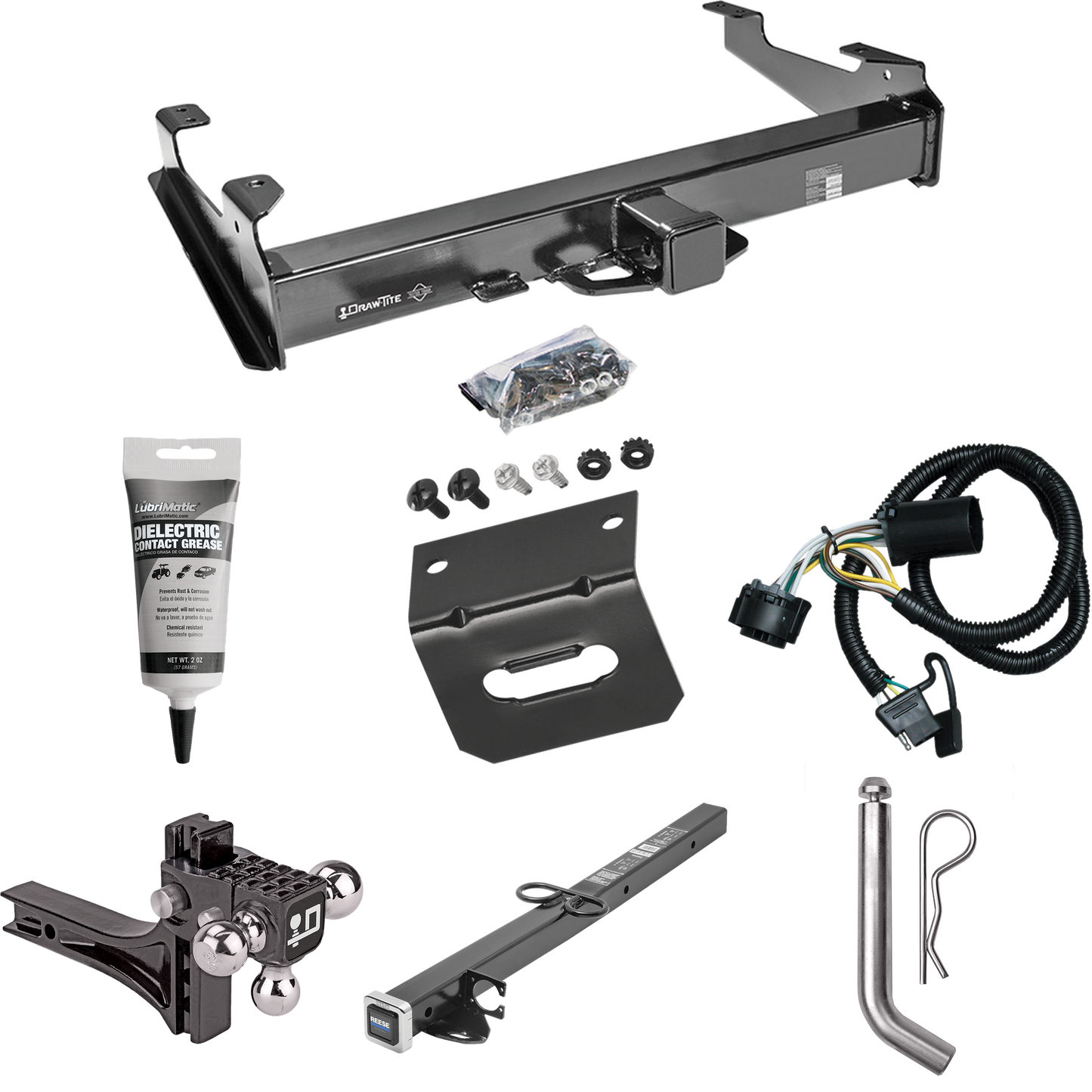 Fits 2007-2010 GMC Sierra 2500 HD Trailer Hitch Tow PKG w/ 4-Flat Wiring Harness + 2-1/2" to 2" Adapter 24" Length + Adjustable Drop Rise Triple Ball Ball Mount 1-7/8" & 2" & 2-5/16" Trailer Balls + Pin/Clip + Wiring Bracket + Electric Grease (For 8