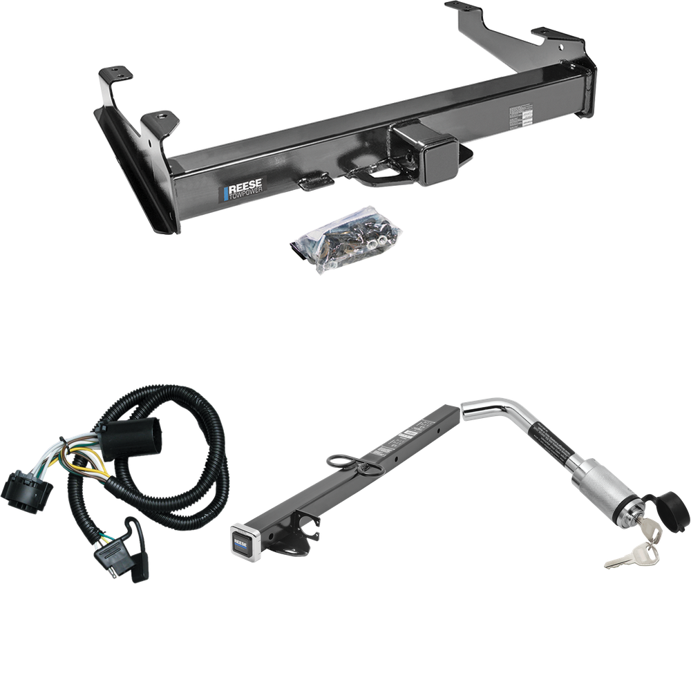 Fits 2007-2010 GMC Sierra 3500 HD Trailer Hitch Tow PKG w/ 4-Flat Wiring Harness + 2-1/2" to 2" Adapter 24" Length + Hitch Lock By Reese Towpower