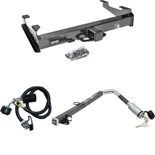 Fits 2007-2010 GMC Sierra 3500 HD Trailer Hitch Tow PKG w/ 4-Flat Wiring Harness + 2-1/2" to 2" Adapter 24" Length + Hitch Lock By Reese Towpower