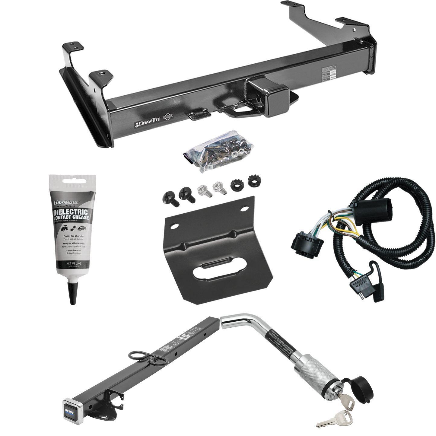 Fits 2007-2010 GMC Sierra 3500 HD Trailer Hitch Tow PKG w/ 4-Flat Wiring Harness + 2-1/2" to 2" Adapter 24" Length + Hitch Lock + Wiring Bracket + Electric Grease By Draw-Tite