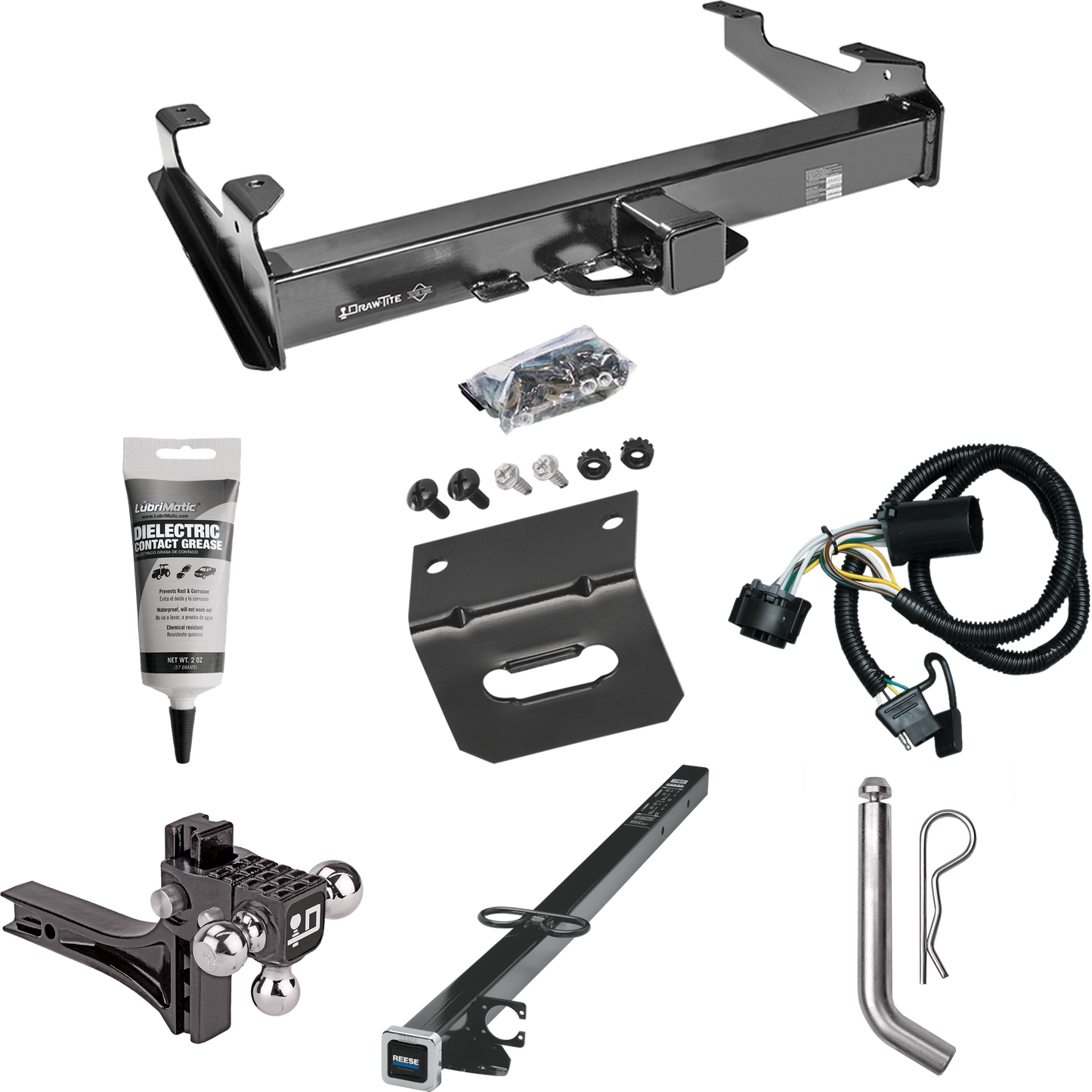 Fits 2007-2010 GMC Sierra 3500 HD Trailer Hitch Tow PKG w/ 4-Flat Wiring Harness + 2-1/2" to 2" Adapter 41" Length + Adjustable Drop Rise Triple Ball Ball Mount 1-7/8" & 2" & 2-5/16" Trailer Balls + Pin/Clip + Wiring Bracket + Electric Grease By Draw