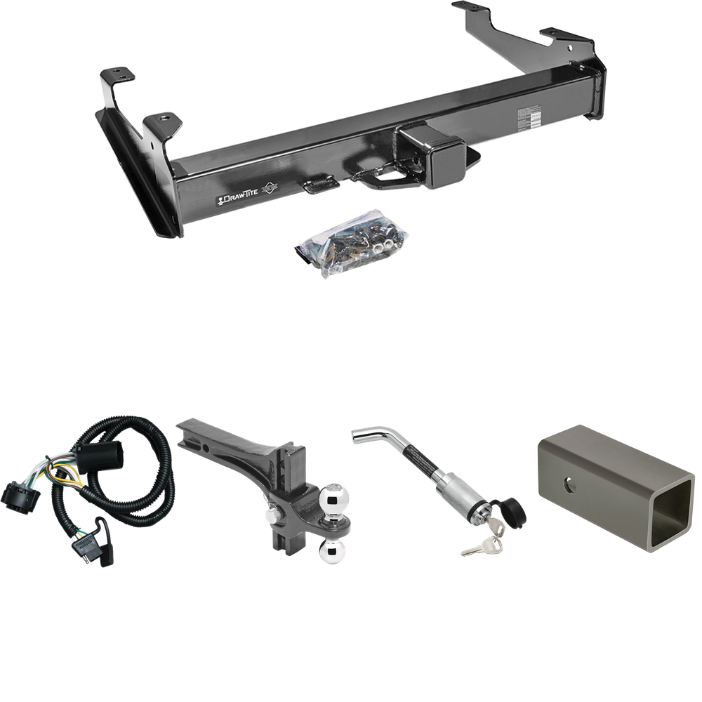 Fits 2007-2010 Chevrolet Silverado 2500 HD Trailer Hitch Tow PKG w/ 4-Flat Wiring Harness + 2-1/2" to 2" Adapter 6" Length + Adjustable Drop Rise Dual Ball Ball Mount 2" & 2-5/16" Trailer Balls + Hitch Lock (For 8 ft. Bed Models) By Draw-Tite