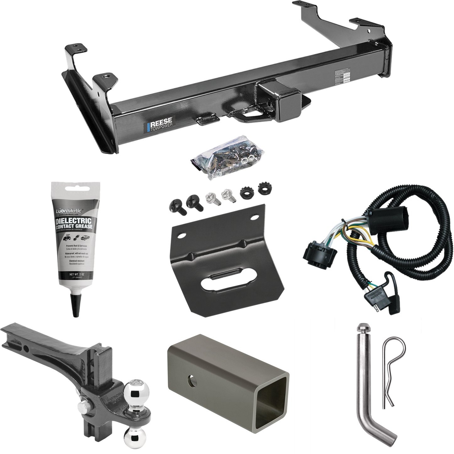 Fits 2007-2010 GMC Sierra 3500 HD Trailer Hitch Tow PKG w/ 4-Flat Wiring Harness + 2-1/2" to 2" Adapter 6" Length + Adjustable Drop Rise Dual Ball Ball Mount 2" & 2-5/16" Trailer Balls + Pin/Clip + Wiring Bracket + Electric Grease By Reese Towpower