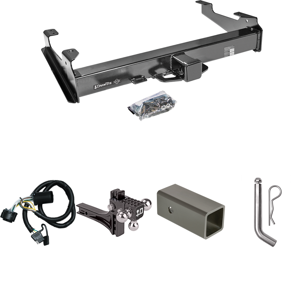 Fits 2007-2010 GMC Sierra 3500 HD Trailer Hitch Tow PKG w/ 4-Flat Wiring Harness + 2-1/2" to 2" Adapter 6" Length + Adjustable Drop Rise Triple Ball Ball Mount 1-7/8" & 2" & 2-5/16" Trailer Balls + Pin/Clip By Draw-Tite