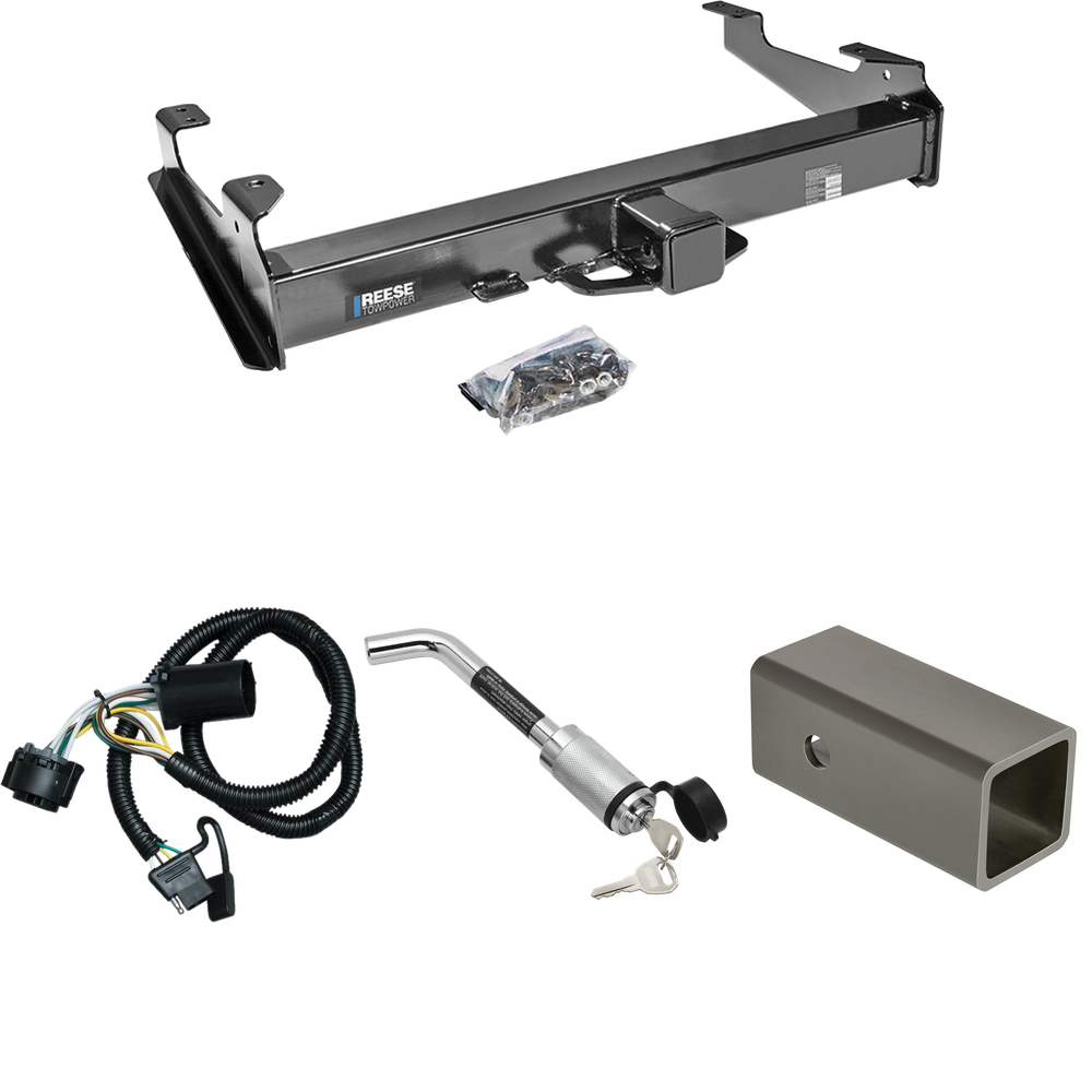 Se adapta al paquete de enganche de remolque Chevrolet Silverado 3500 HD 2007-2010 con arnés de cableado plano de 4 + adaptador de 2-1/2" a 2" de 6" de longitud + bloqueo de enganche de Reese Towpower