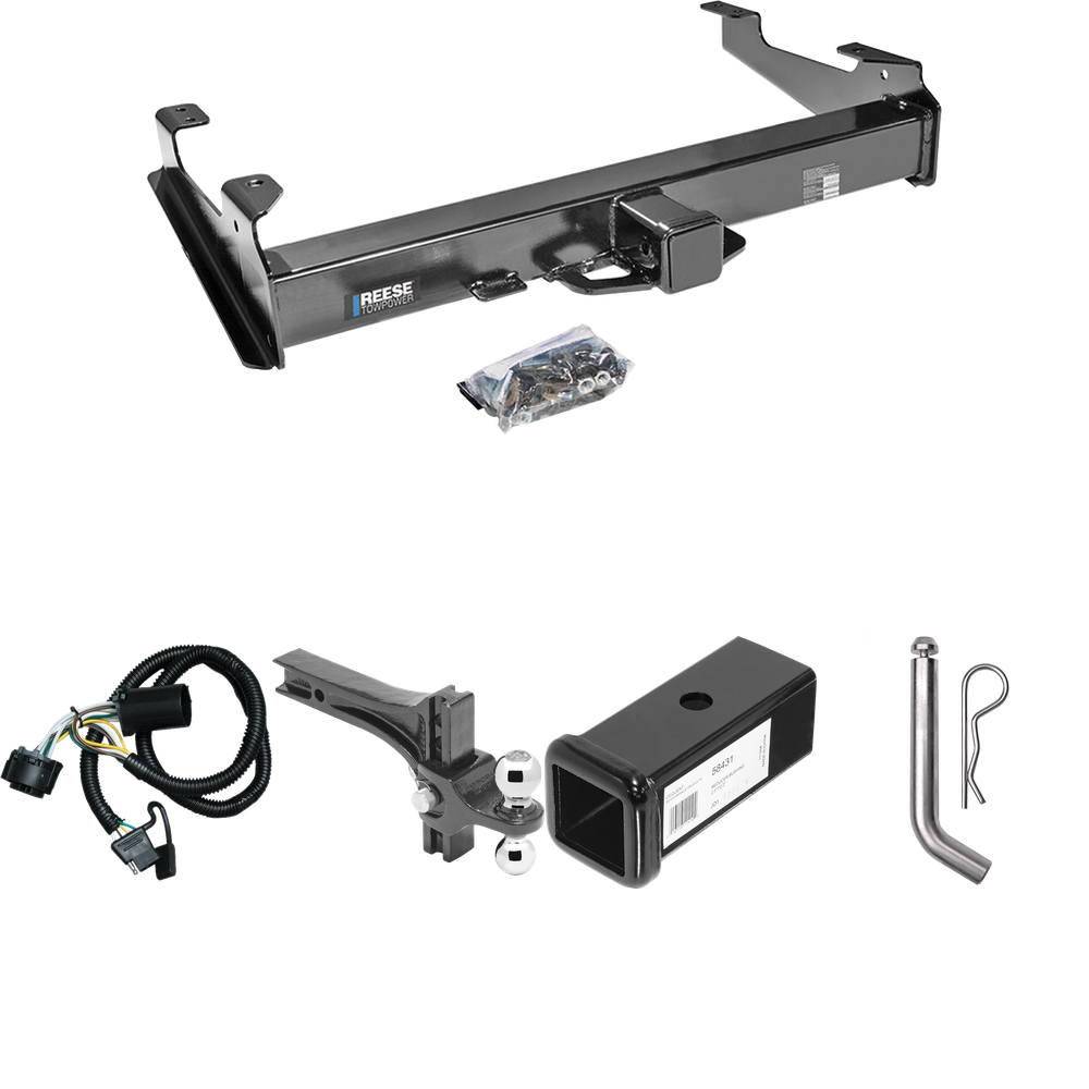 Fits 2007-2010 Chevrolet Silverado 3500 HD Trailer Hitch Tow PKG w/ 4-Flat Wiring Harness + 2-1/2" to 2" Adapter 7" Length + Adjustable Drop Rise Dual Ball Ball Mount 2" & 2-5/16" Trailer Balls + Pin/Clip By Reese Towpower