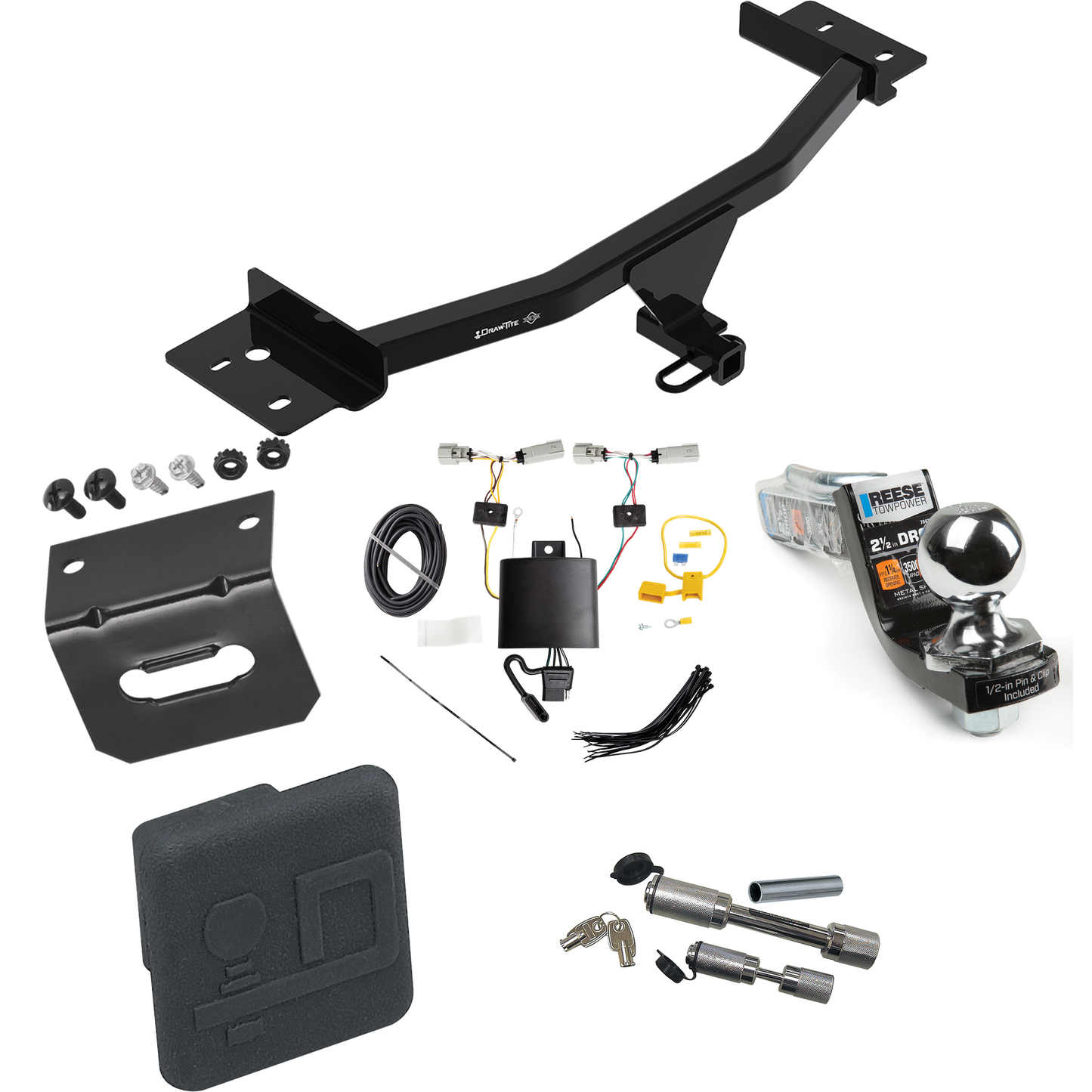 Fits 2020-2023 Lincoln Aviator Trailer Hitch Tow PKG w/ 4-Flat Wiring Harness + Interlock Starter Kit w/ 2" Ball 2-1/2" Drop 2" Rise + Wiring Bracket + Hitch Cover + Dual Hitch & Coupler Locks By Draw-Tite