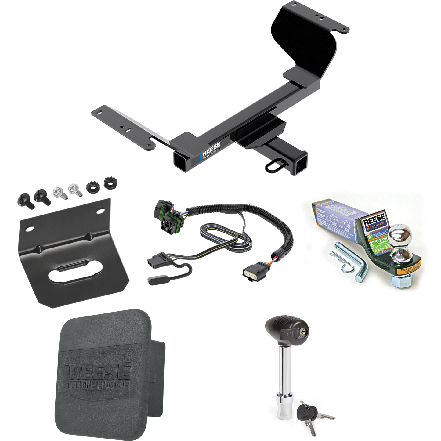 Fits 2022-2023 Chevrolet Equinox Trailer Hitch Tow PKG w/ 4-Flat Wiring + Starter Kit Ball Mount w/ 2" Drop & 1-7/8" Ball + Wiring Bracket + Hitch Lock + Hitch Cover (For Premier, Except Models w/1.6L Diesel Engine Models) By Reese Towpower