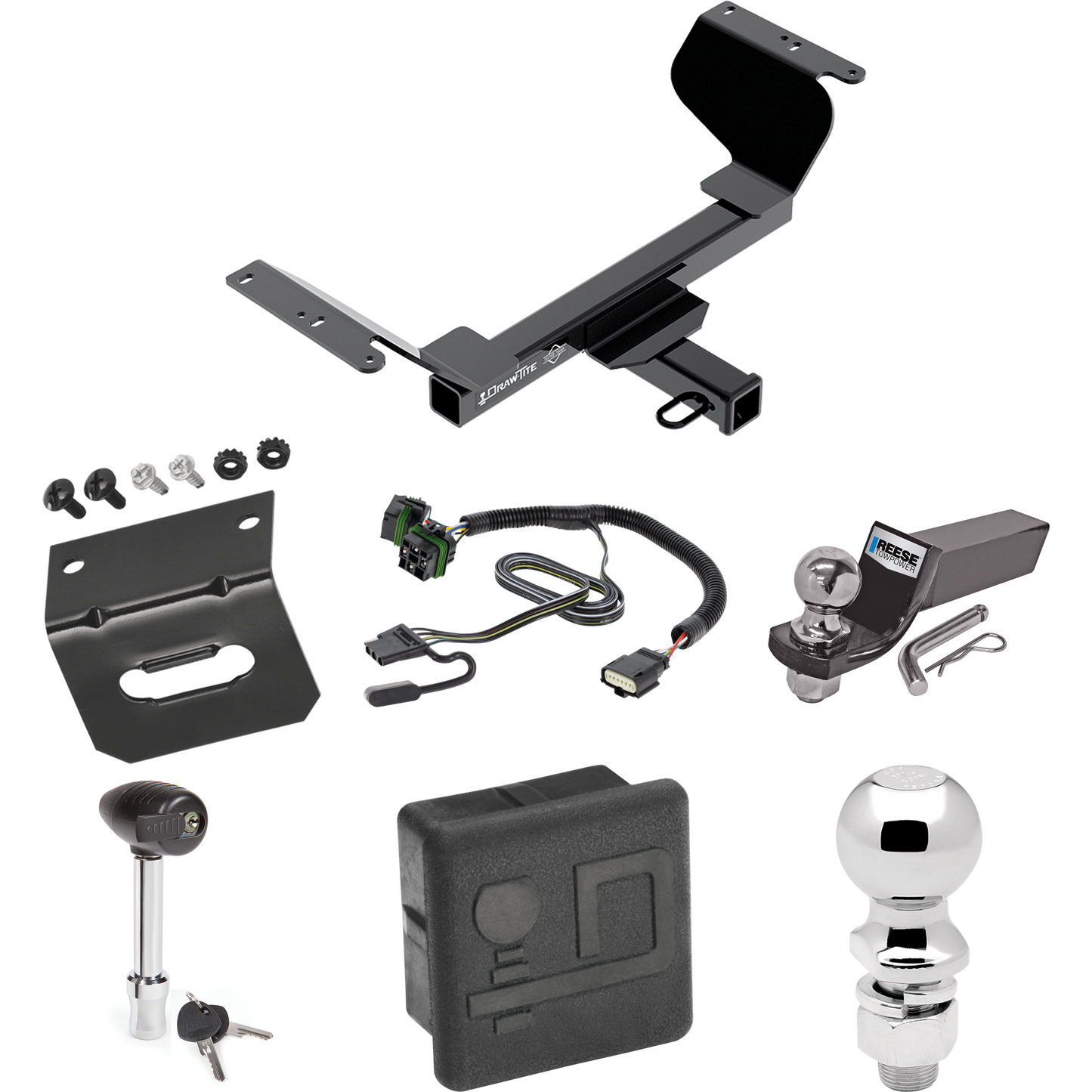 Fits 2018-2023 GMC Terrain Trailer Hitch Tow PKG w/ 4-Flat Wiring + Starter Kit Ball Mount w/ 2" Drop & 2" Ball + 2-5/16" Ball + Wiring Bracket + Hitch Lock + Hitch Cover (Excludes: Diesel Engine Models) By Draw-Tite