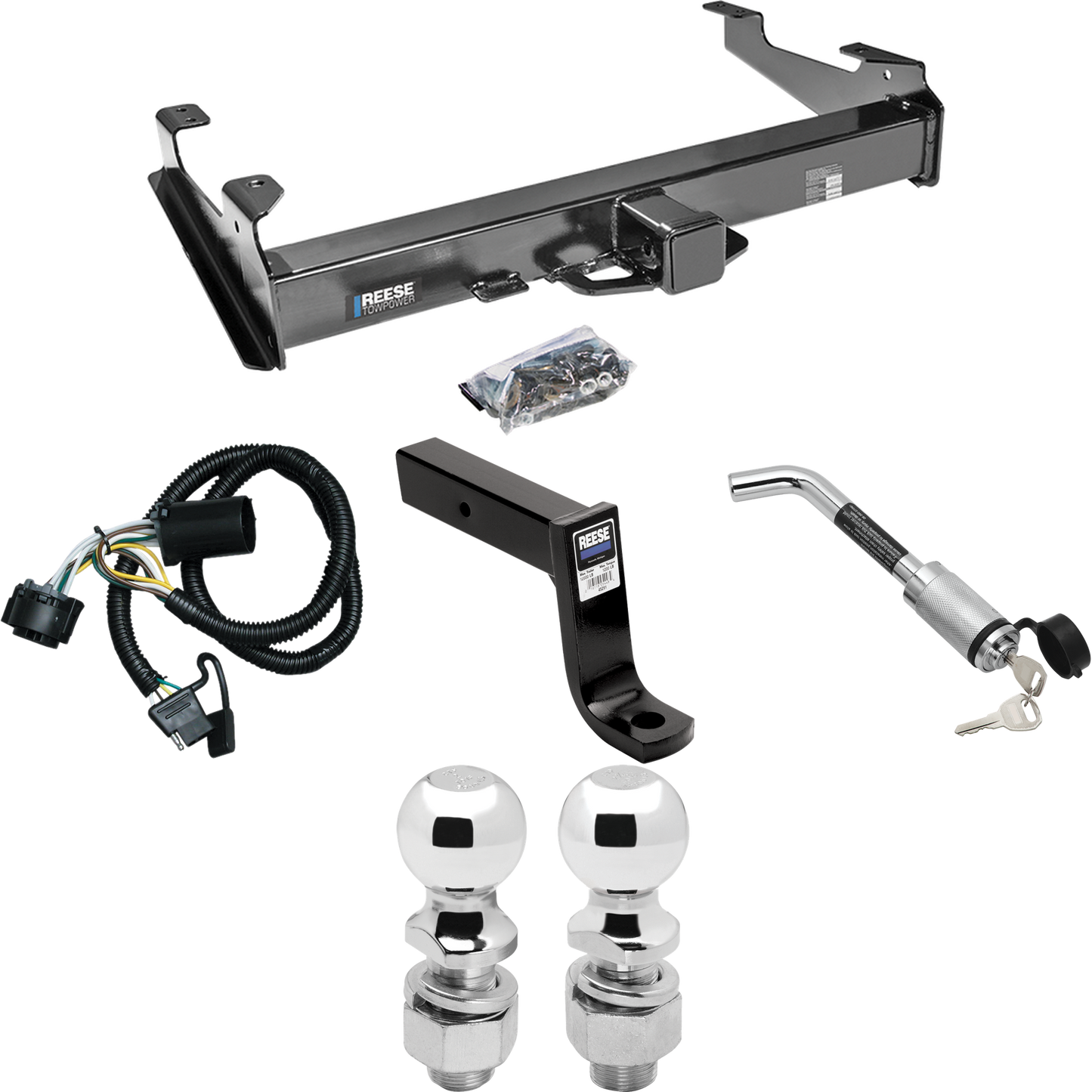 Fits 2007-2010 GMC Sierra 3500 HD Trailer Hitch Tow PKG w/ 4-Flat Wiring Harness + Ball Mount w/ 7-3/4" Drop + Hitch Lock + 2" Ball + 2-5/16" Ball By Reese Towpower