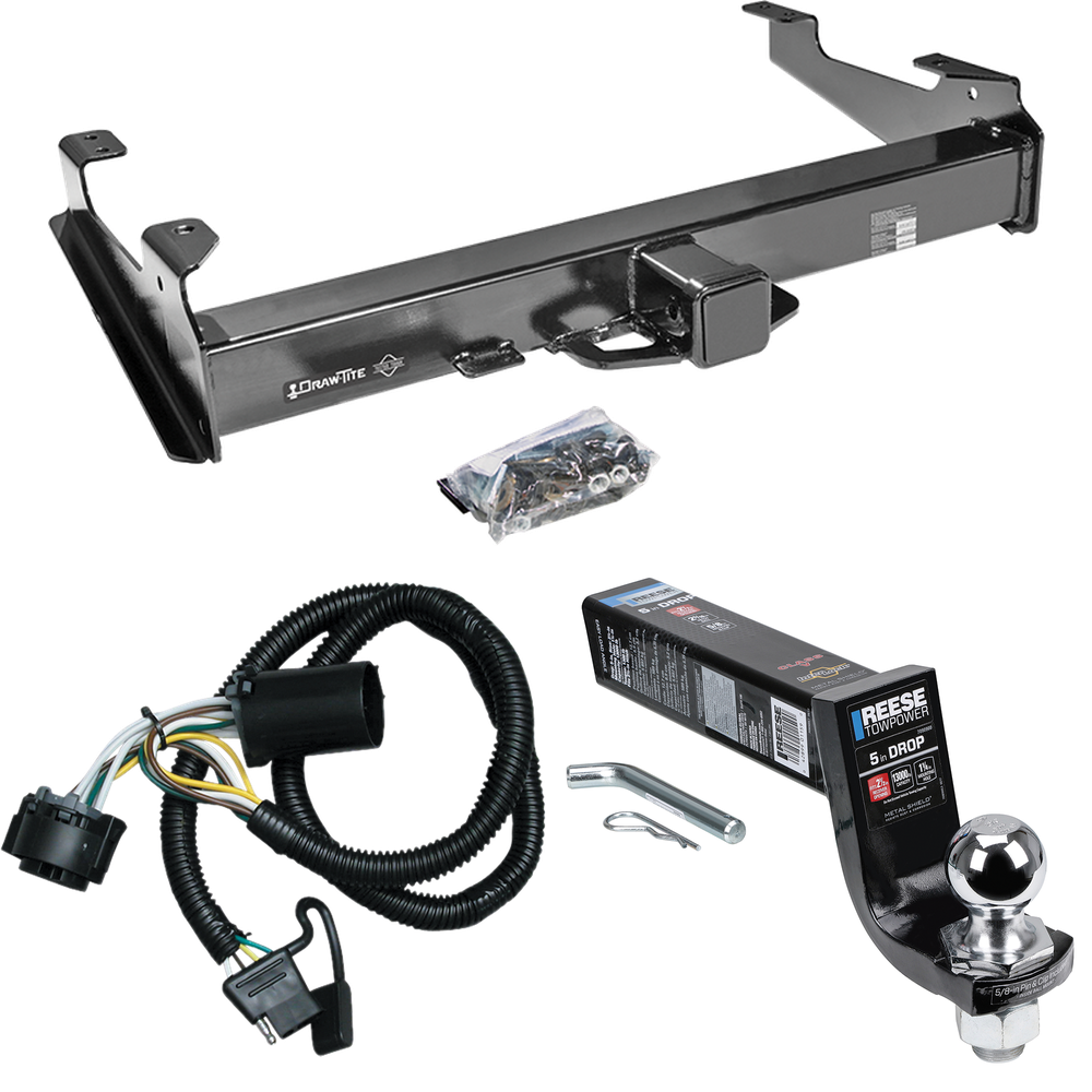 Fits 2007-2010 GMC Sierra 2500 HD Trailer Hitch Tow PKG w/ 4-Flat Wiring Harness + Interlock Ball Mount Starter Kit 5" Drop w/ 2" Ball (For 8 ft. Bed Models) By Draw-Tite