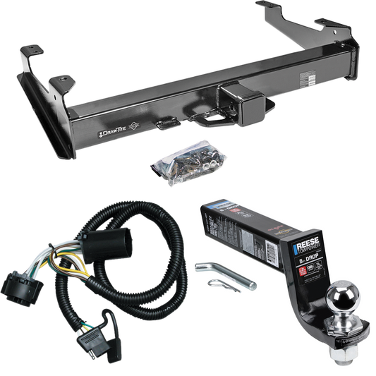 Fits 2007-2010 GMC Sierra 2500 HD Trailer Hitch Tow PKG w/ 4-Flat Wiring Harness + Interlock Ball Mount Starter Kit 5" Drop w/ 2" Ball (For 8 ft. Bed Models) By Draw-Tite