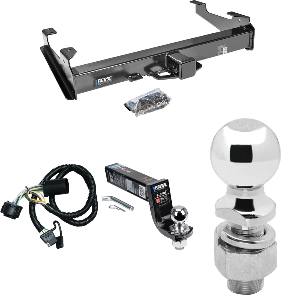 Fits 2007-2010 GMC Sierra 2500 HD Trailer Hitch Tow PKG w/ 4-Flat Wiring Harness + Interlock Ball Mount Starter Kit 5" Drop w/ 2" Ball + 2-5/16" Ball (For 8 ft. Bed Models) By Reese Towpower