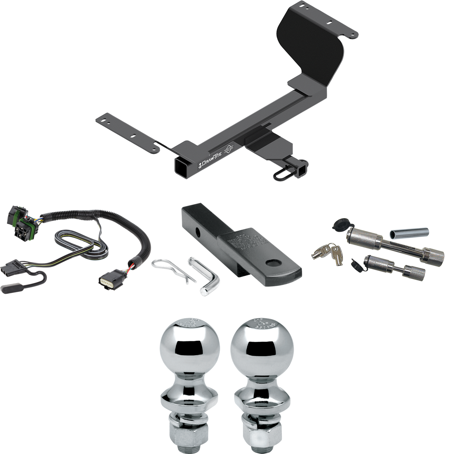 Fits 2018-2023 GMC Terrain Trailer Hitch Tow PKG w/ 4-Flat Wiring Harness + Draw-Bar + 1-7/8" + 2" Ball + Dual Hitch & Coupler Locks (Excludes: Diesel Engine Models) By Draw-Tite