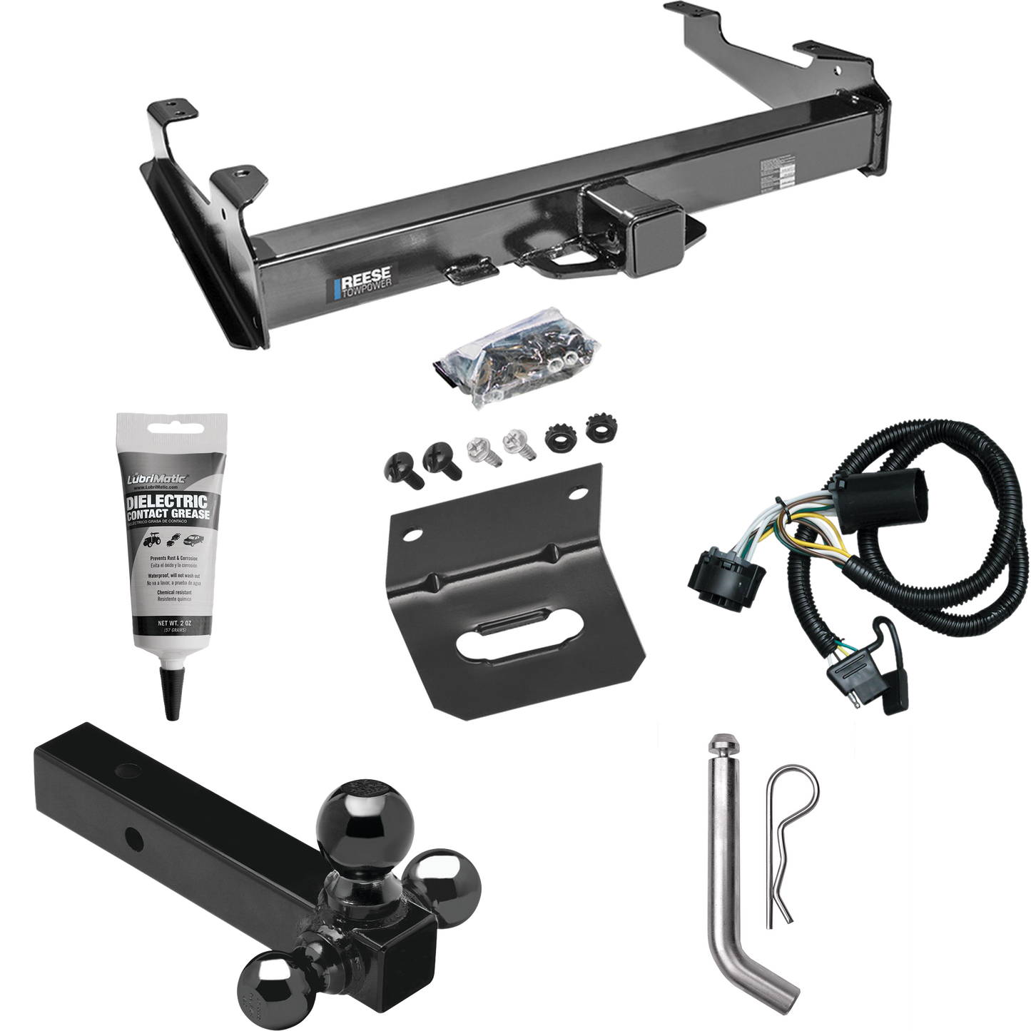 Fits 2007-2010 GMC Sierra 2500 HD Trailer Hitch Tow PKG w/ 4-Flat Wiring Harness + Triple Ball Ball Mount 1-7/8" & 2" & 2-5/16" Trailer Balls + Pin/Clip + Wiring Bracket + Electric Grease (For 8 ft. Bed Models) By Reese Towpower