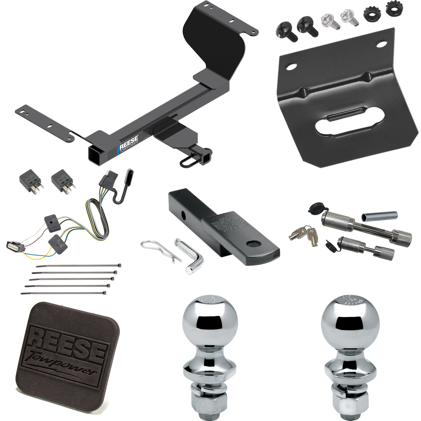 Fits 2018-2021 Chevrolet Equinox Trailer Hitch Tow PKG w/ 4-Flat Wiring Harness + Draw-Bar + 1-7/8" + 2" Ball + Wiring Bracket + Hitch Cover + Dual Hitch & Coupler Locks (Excludes: Premier or Models w/1.6L Diesel Engine Models) By Reese Towpower