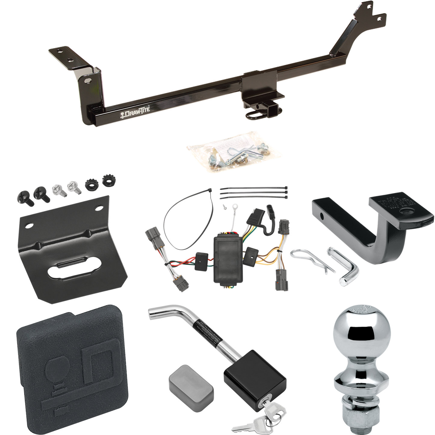 Se adapta al paquete de enganche de remolque KIA Rondo 2007-2010 con arnés de cableado de 4 planos + barra de tracción + bola de 1-7/8" + soporte de cableado + cubierta de enganche + bloqueo de enganche de Draw-Tite