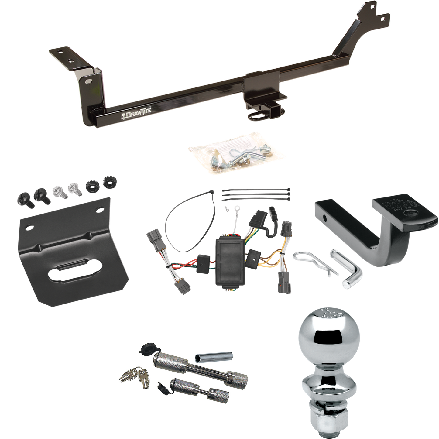 Se adapta al paquete de enganche de remolque KIA Rondo 2007-2010 con arnés de cableado de 4 planos + barra de tracción + bola de 2" + soporte de cableado + enganche doble y cerraduras de acoplador de Draw-Tite