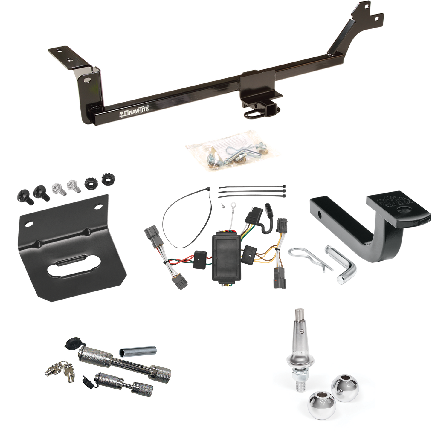 Se adapta al paquete de enganche de remolque KIA Rondo 2007-2010 con arnés de cableado de 4 planos + barra de tracción + bolas intercambiables de 1-7/8" y 2" + soporte de cableado + enganche doble y cerraduras de acoplador de Draw-Tite