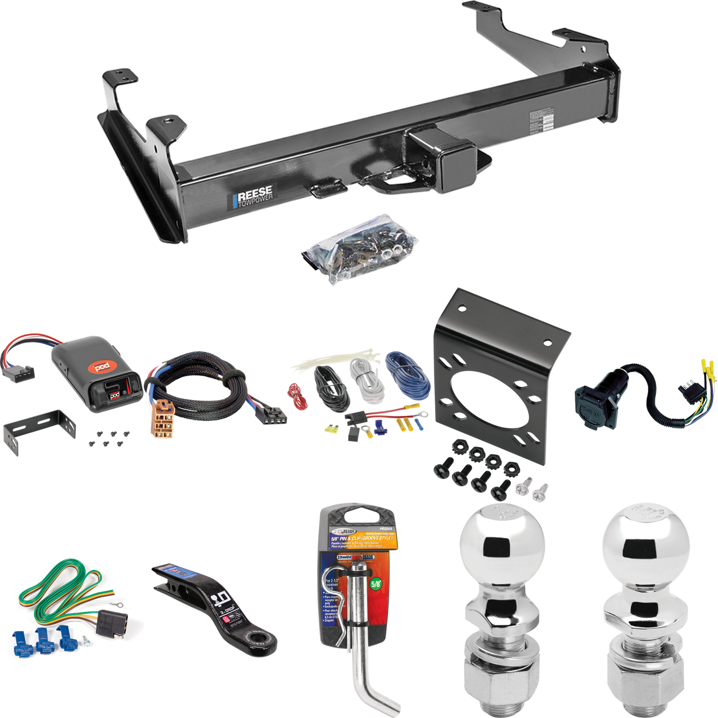 Fits 2001-2002 Chevrolet Silverado 3500 Trailer Hitch Tow PKG w/ Pro Series POD Brake Control + Plug & Play BC Adapter + 7-Way RV Wiring + 2" & 2-5/16" Ball & Drop Mount By Reese Towpower