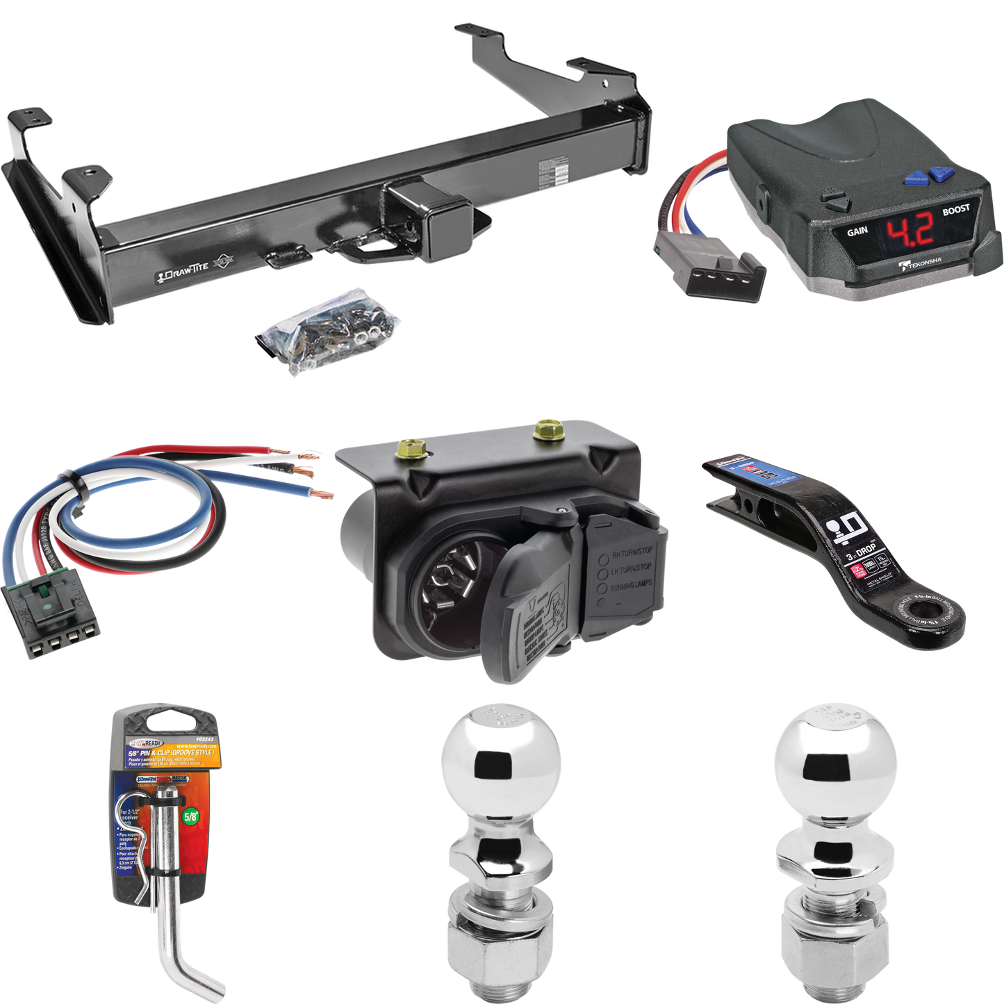 Fits 2007-2010 Chevrolet Silverado 3500 HD Trailer Hitch Tow PKG w/ Tekonsha BRAKE-EVN Brake Control + Generic BC Wiring Adapter + 7-Way RV Wiring + 2" & 2-5/16" Ball & Drop Mount By Draw-Tite