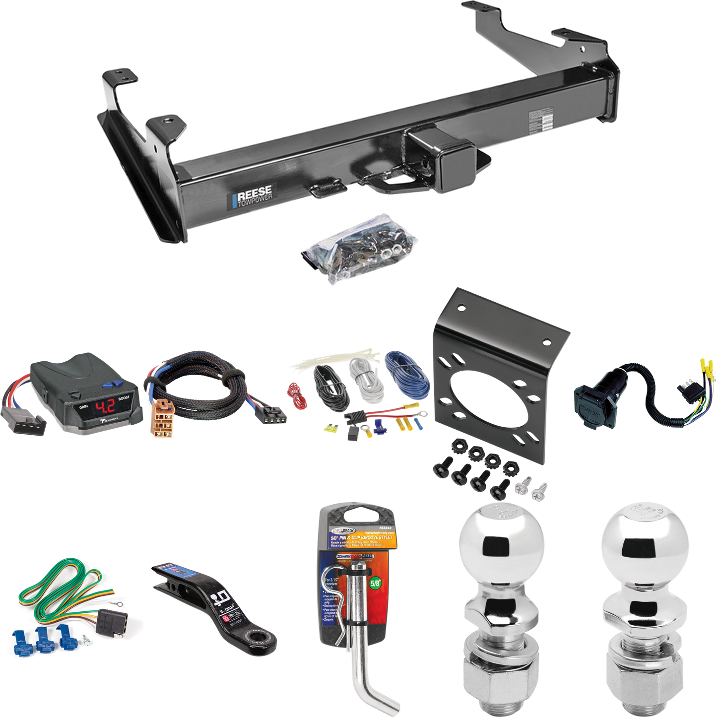 Fits 2001-2002 Chevrolet Silverado 2500 HD Trailer Hitch Tow PKG w/ Tekonsha BRAKE-EVN Brake Control + Plug & Play BC Adapter + 7-Way RV Wiring + 2" & 2-5/16" Ball & Drop Mount (For 8 ft. Bed Models) By Reese Towpower