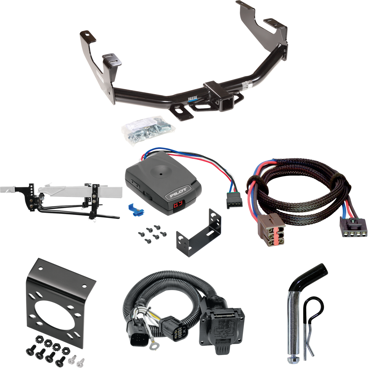 Fits 1997-2003 Ford F-150 Trailer Hitch Tow PKG w/ 11.5K Round Bar Weight Distribution Hitch w/ 2-5/16" Ball + Pin/Clip + Pro Series Pilot Brake Control + Plug & Play BC Adapter + 7-Way RV Wiring (For Flareside Models) By Reese Towpower