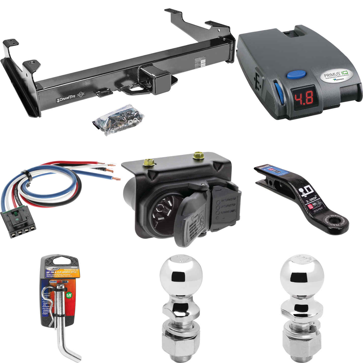 Fits 2007-2010 Chevrolet Silverado 3500 HD Trailer Hitch Tow PKG w/ Tekonsha Primus IQ Brake Control + Generic BC Wiring Adapter + 7-Way RV Wiring + 2" & 2-5/16" Ball & Drop Mount By Draw-Tite