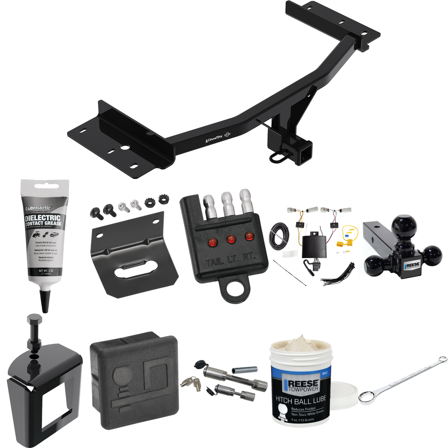 Fits 2020-2023 Lincoln Aviator Trailer Hitch Tow PKG w/ 4-Flat Wiring + Triple Ball Ball Mount 1-7/8" & 2" & 2-5/16" Trailer Balls + Wiring Bracket + Hitch Cover + Dual Hitch & Coupler Locks + Wiring Tester + Ball Lube + Electric Grease + Ball Wrench