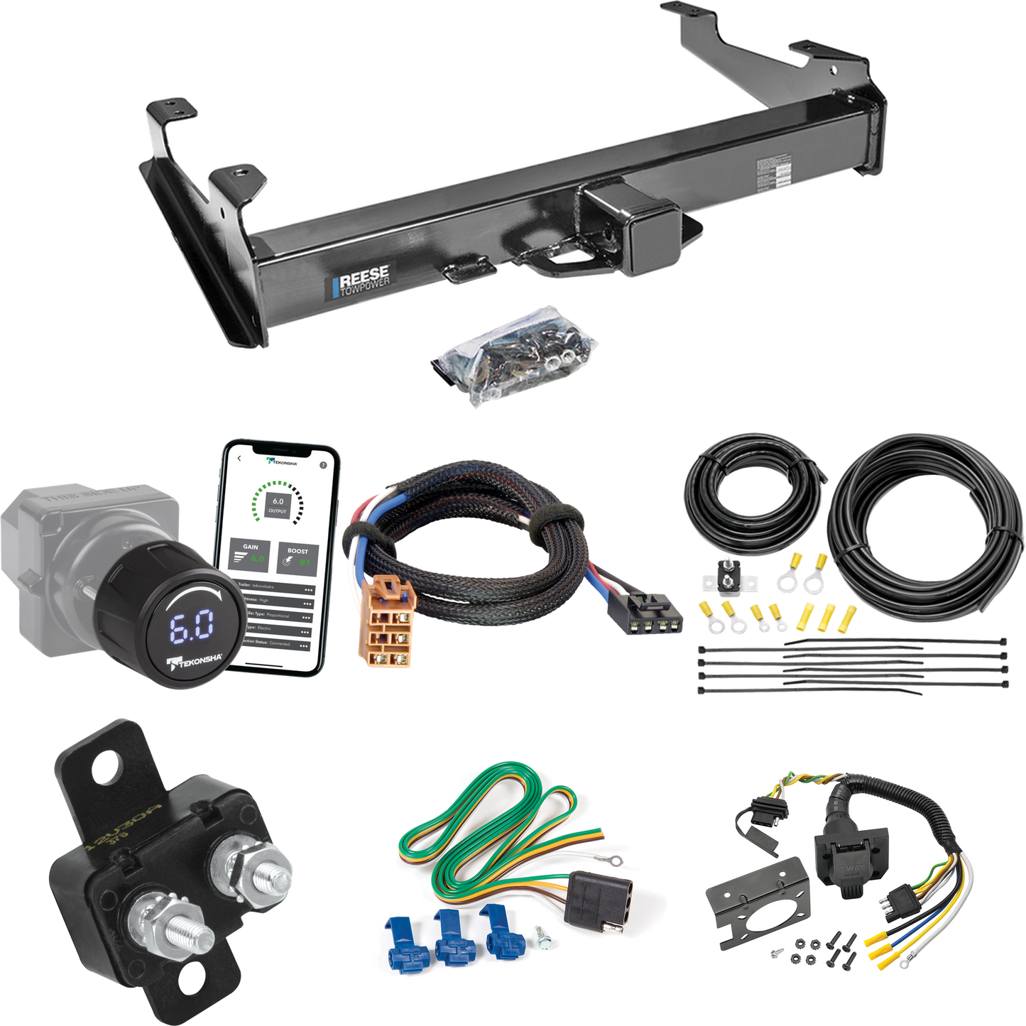 Fits 2001-2002 Chevrolet Silverado 3500 Trailer Hitch Tow PKG w/ Tekonsha Prodigy iD Bluetooth Wireless Brake Control + Plug & Play BC Adapter + 7-Way RV Wiring By Reese Towpower