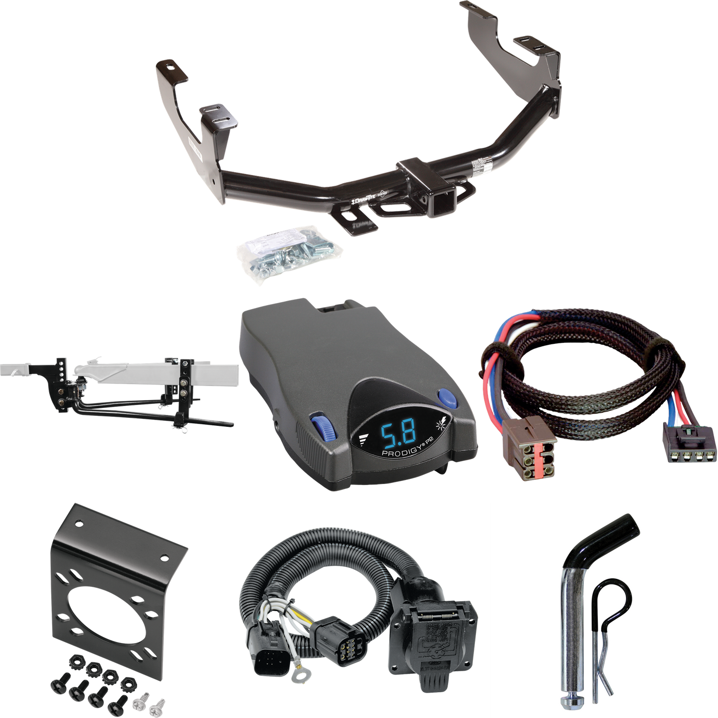 Fits 1997-2003 Ford F-150 Trailer Hitch Tow PKG w/ 11.5K Round Bar Weight Distribution Hitch w/ 2-5/16" Ball + Pin/Clip + Tekonsha Prodigy P2 Brake Control + Plug & Play BC Adapter + 7-Way RV Wiring (For Flareside Models) By Draw-Tite