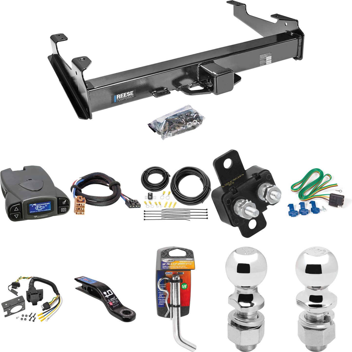 Fits 2001-2002 Chevrolet Silverado 2500 HD Trailer Hitch Tow PKG w/ Tekonsha Prodigy P3 Brake Control + Plug & Play BC Adapter + 7-Way RV Wiring + 2" & 2-5/16" Ball & Drop Mount (For 8 ft. Bed Models) By Reese Towpower