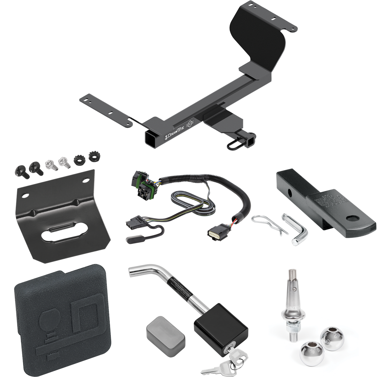 Fits 2022-2023 Chevrolet Equinox Trailer Hitch Tow PKG w/ 4-Flat Wiring Harness + Draw-Bar + Interchangeable 1-7/8" & 2" Balls + Wiring Bracket + Hitch Cover + Hitch Lock (Excludes: Premier or Models w/1.6L Diesel Engine Models) By Draw-Tite