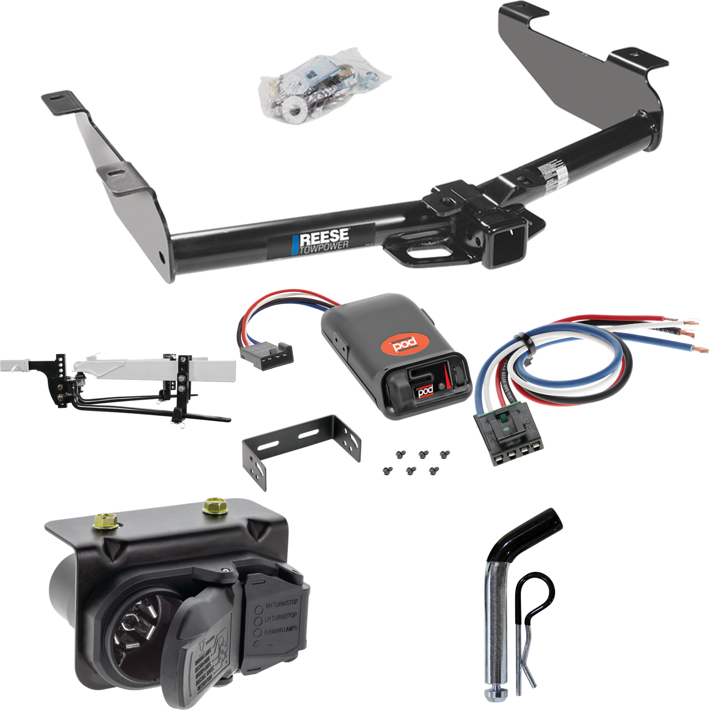 Fits 2007-2010 GMC Sierra 3500 HD Trailer Hitch Tow PKG w/ 11.5K Round Bar Weight Distribution Hitch w/ 2-5/16" Ball + Pin/Clip + Pro Series POD Brake Control + Generic BC Wiring Adapter + 7-Way RV Wiring By Reese Towpower