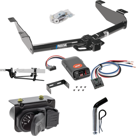 Fits 2007-2010 GMC Sierra 3500 HD Trailer Hitch Tow PKG w/ 11.5K Round Bar Weight Distribution Hitch w/ 2-5/16" Ball + Pin/Clip + Pro Series POD Brake Control + Generic BC Wiring Adapter + 7-Way RV Wiring By Reese Towpower