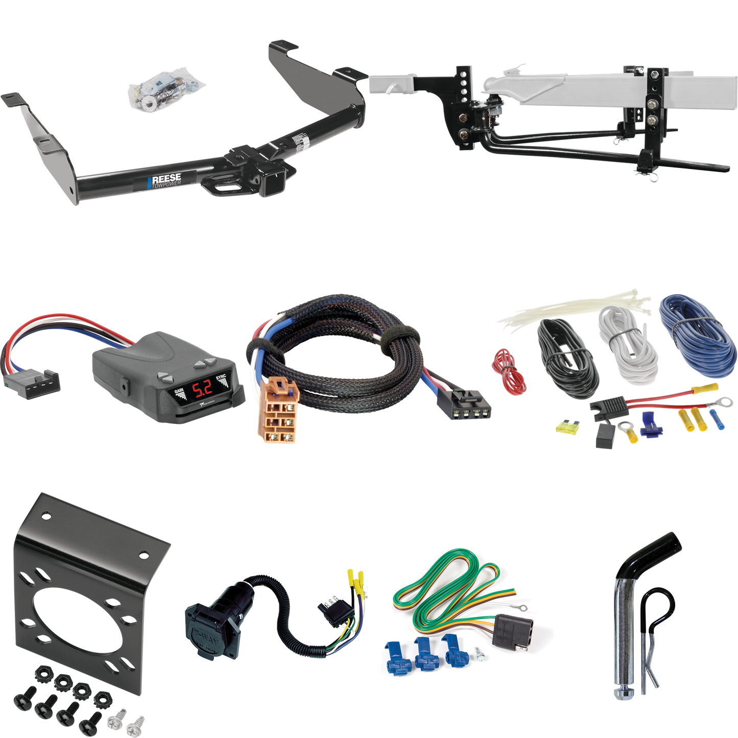 Fits 2001-2002 Chevrolet Silverado 3500 Trailer Hitch Tow PKG w/ 11.5K Round Bar Weight Distribution Hitch w/ 2-5/16" Ball + Pin/Clip + Tekonsha Brakeman IV Brake Control + Plug & Play BC Adapter + 7-Way RV Wiring By Reese Towpower