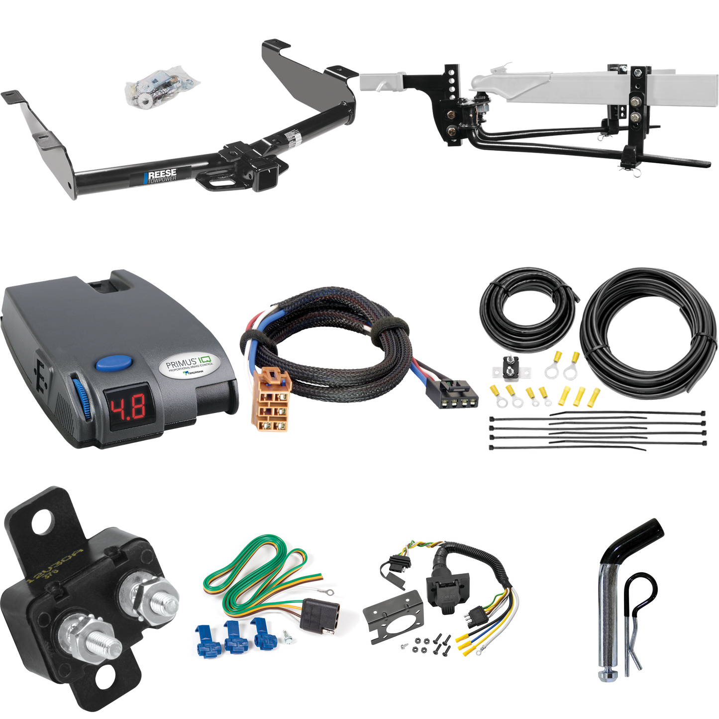 Fits 2001-2002 Chevrolet Silverado 2500 HD Trailer Hitch Tow PKG w/ 11.5K Round Bar Weight Distribution Hitch w/ 2-5/16" Ball + Pin/Clip + Tekonsha Primus IQ Brake Control + Plug & Play BC Adapter + 7-Way RV Wiring By Reese Towpower