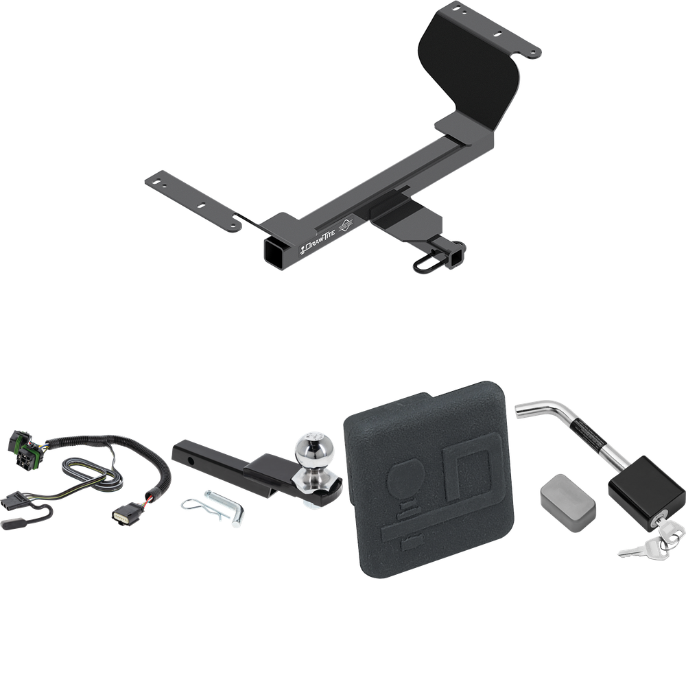 Fits 2018-2023 GMC Terrain Trailer Hitch Tow PKG w/ 4-Flat Wiring Harness + Interlock Starter Kit w/ 2" Ball 1-1/4" Drop 3/4" Rise + Hitch Cover + Hitch Lock (Excludes: Diesel Engine Models) By Draw-Tite