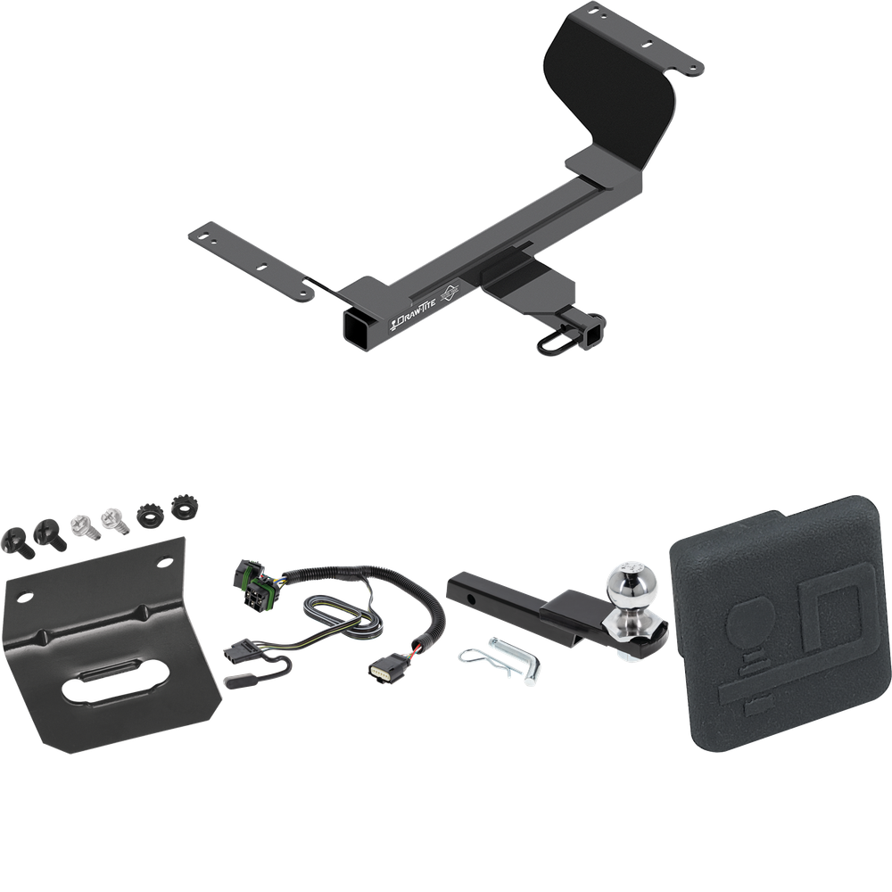 Fits 2018-2023 GMC Terrain Trailer Hitch Tow PKG w/ 4-Flat Wiring Harness + Interlock Starter Kit w/ 2" Ball 1-1/4" Drop 3/4" Rise + Wiring Bracket + Hitch Cover (Excludes: Diesel Engine Models) By Draw-Tite