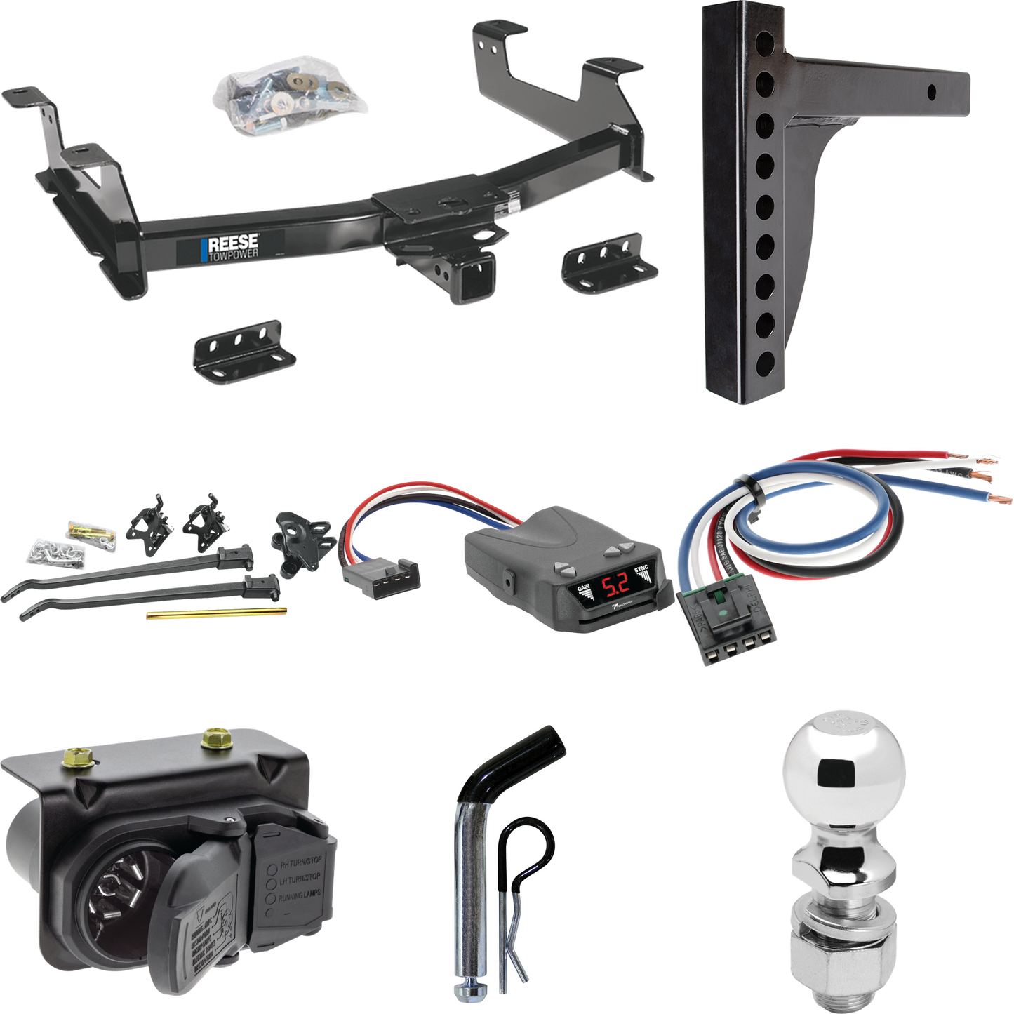 Fits 2011-2014 GMC Sierra 3500 HD Trailer Hitch Tow PKG w/ 12K Trunnion Bar Weight Distribution Hitch + Pin/Clip + 2-5/16" Ball + Tekonsha Brakeman IV Brake Control + Generic BC Wiring Adapter + 7-Way RV Wiring By Reese Towpower