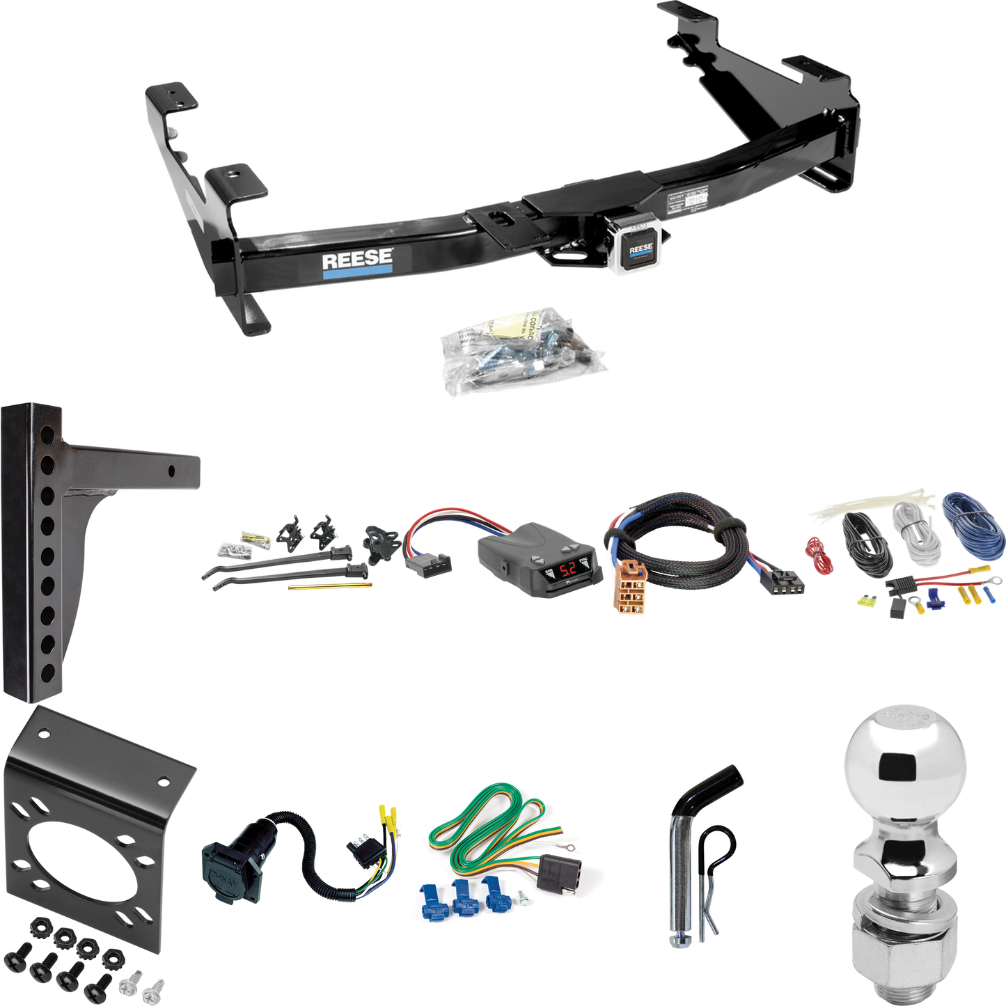 Fits 2001-2002 GMC Sierra 3500 Trailer Hitch Tow PKG w/ 12K Trunnion Bar Weight Distribution Hitch + Pin/Clip + 2-5/16" Ball + Tekonsha Brakeman IV Brake Control + Plug & Play BC Adapter + 7-Way RV Wiring By Reese Towpower