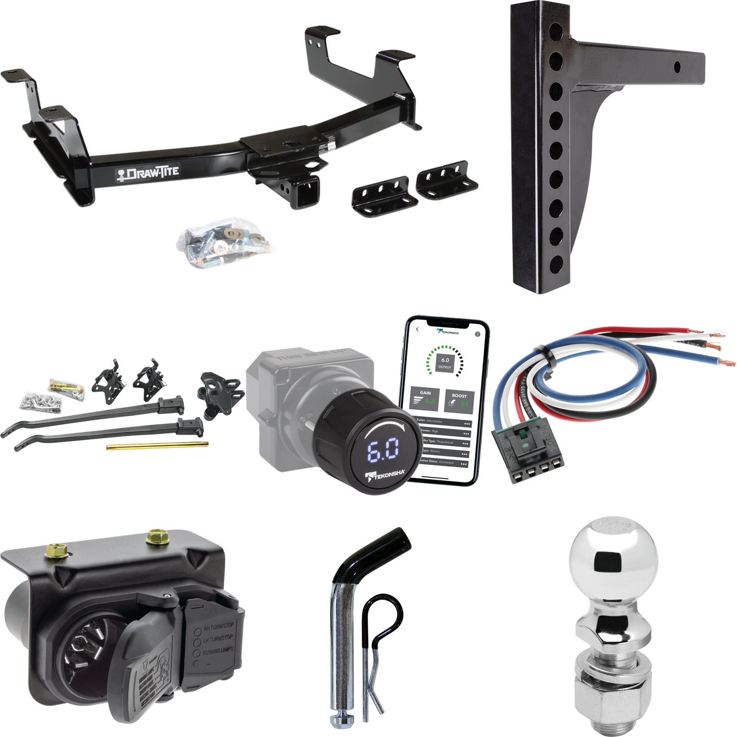 Fits 2011-2014 GMC Sierra 2500 HD Trailer Hitch Tow PKG w/ 12K Trunnion Bar Weight Distribution Hitch + Pin/Clip + 2-5/16" Ball + Tekonsha Prodigy iD Bluetooth Wireless Brake Control + Generic BC Wiring Adapter + 7-Way RV Wiring By Draw-Tite