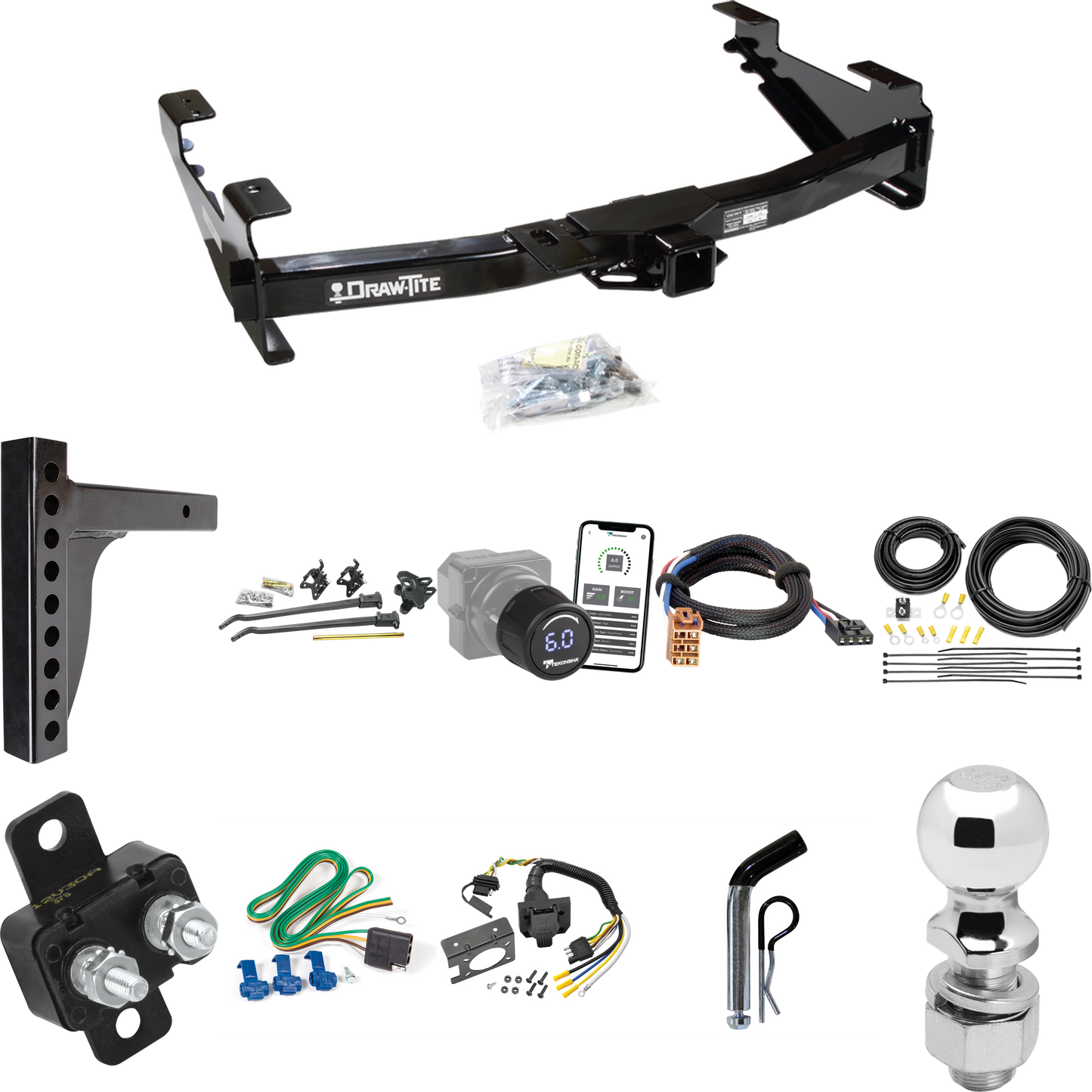 Fits 2001-2002 GMC Sierra 3500 Trailer Hitch Tow PKG w/ 12K Trunnion Bar Weight Distribution Hitch + Pin/Clip + 2-5/16" Ball + Tekonsha Prodigy iD Bluetooth Wireless Brake Control + Plug & Play BC Adapter + 7-Way RV Wiring By Draw-Tite