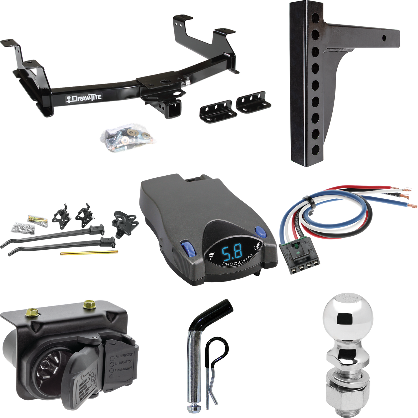 Fits 2011-2014 Chevrolet Silverado 3500 HD Trailer Hitch Tow PKG w/ 12K Trunnion Bar Weight Distribution Hitch + Pin/Clip + 2-5/16" Ball + Tekonsha Prodigy P2 Brake Control + Generic BC Wiring Adapter + 7-Way RV Wiring By Draw-Tite