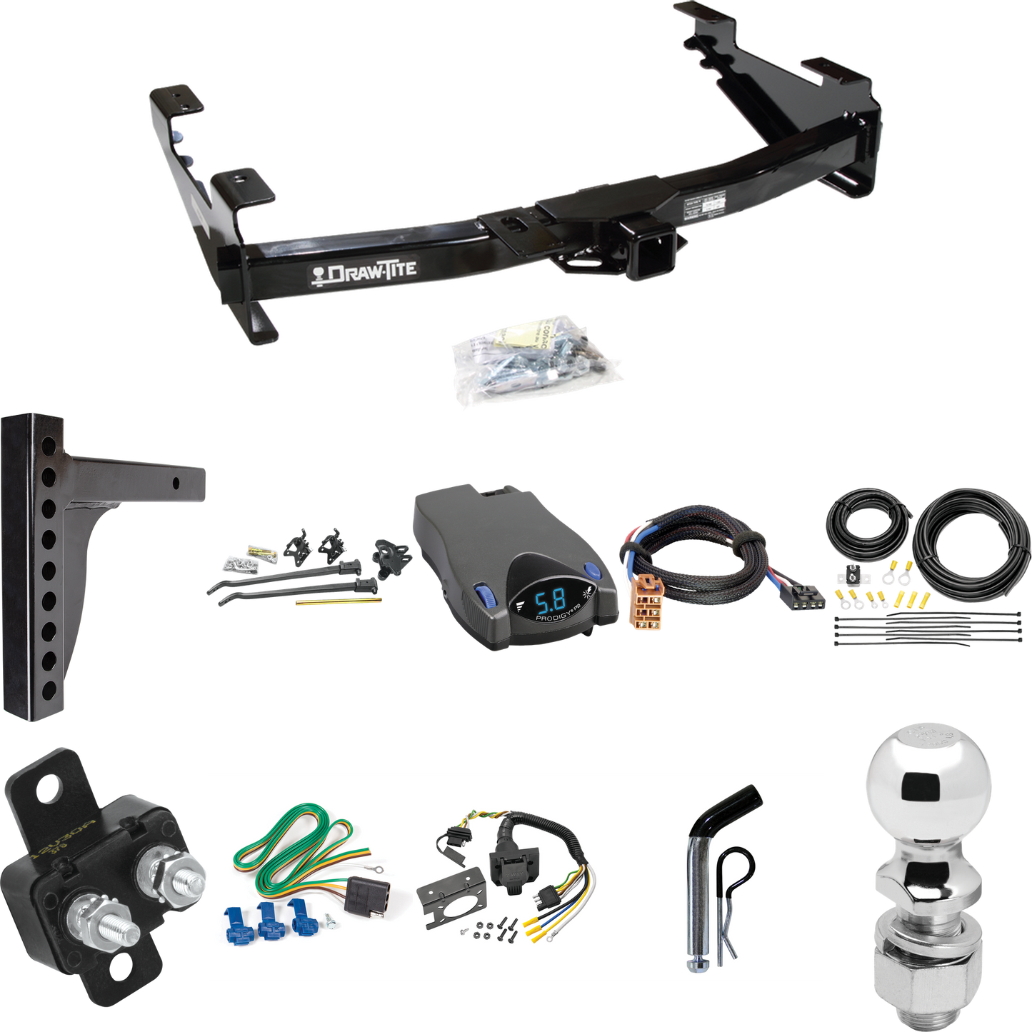 Fits 2001-2002 GMC Sierra 2500 HD Trailer Hitch Tow PKG w/ 12K Trunnion Bar Weight Distribution Hitch + Pin/Clip + 2-5/16" Ball + Tekonsha Prodigy P2 Brake Control + Plug & Play BC Adapter + 7-Way RV Wiring By Draw-Tite