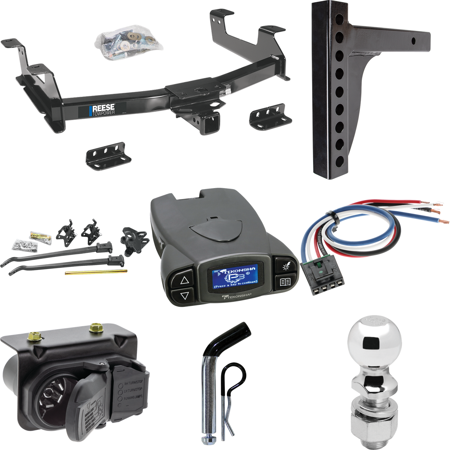 Fits 2011-2014 Chevrolet Silverado 3500 HD Trailer Hitch Tow PKG w/ 12K Trunnion Bar Weight Distribution Hitch + Pin/Clip + 2-5/16" Ball + Tekonsha Prodigy P3 Brake Control + Generic BC Wiring Adapter + 7-Way RV Wiring By Reese Towpower