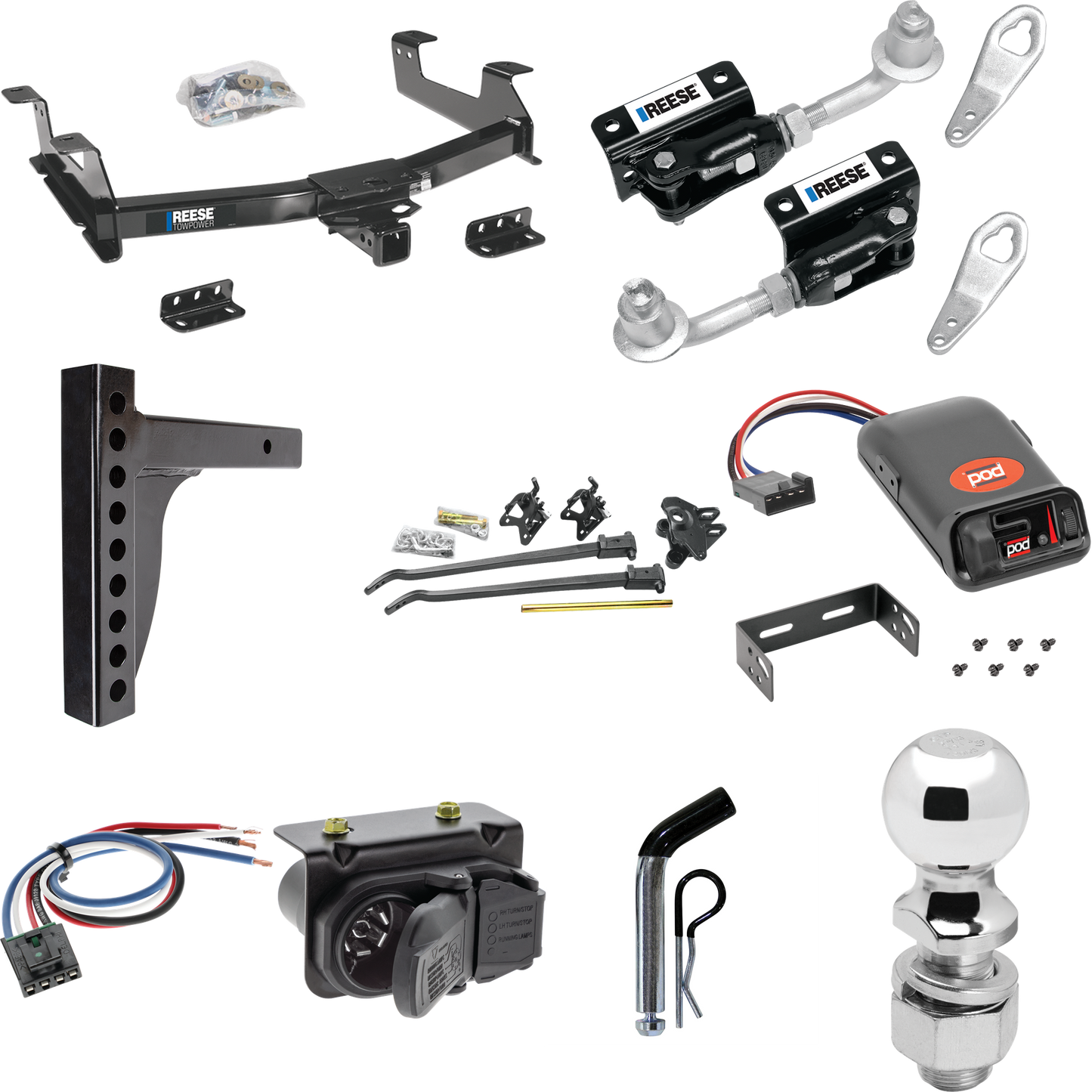 Fits 2011-2014 GMC Sierra 2500 HD Trailer Hitch Tow PKG w/ 12K Trunnion Bar Weight Distribution Hitch + Pin/Clip + Dual Cam Sway Control + 2-5/16" Ball + Pro Series POD Brake Control + Generic BC Wiring Adapter + 7-Way RV Wiring By Reese Towpower